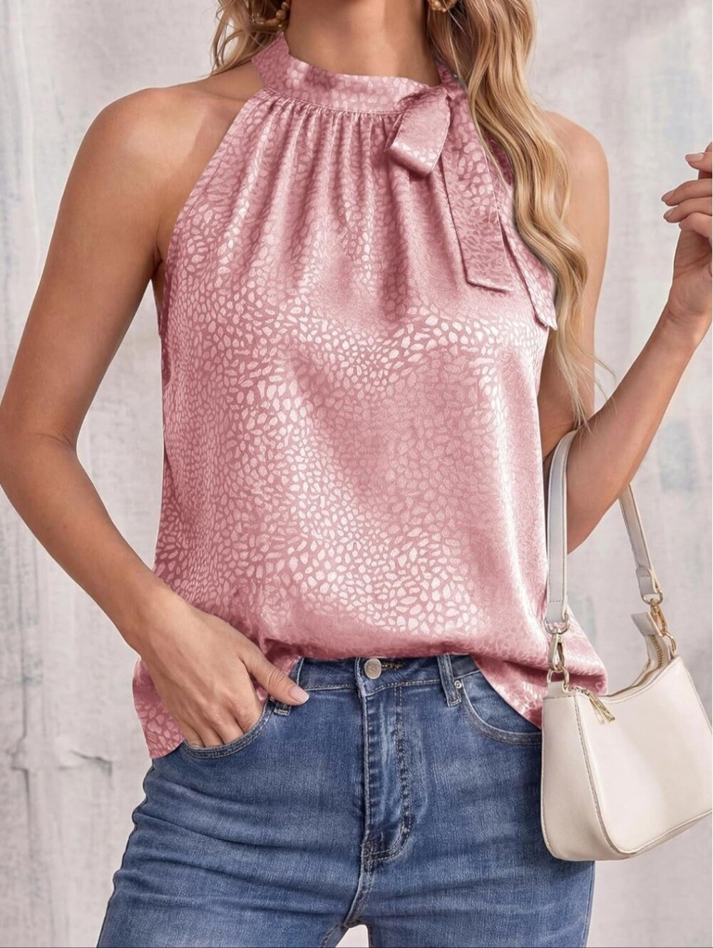 BTFBM Sleeveless Pink Tie-Neck Satin Texture Halter Top Ladies Small